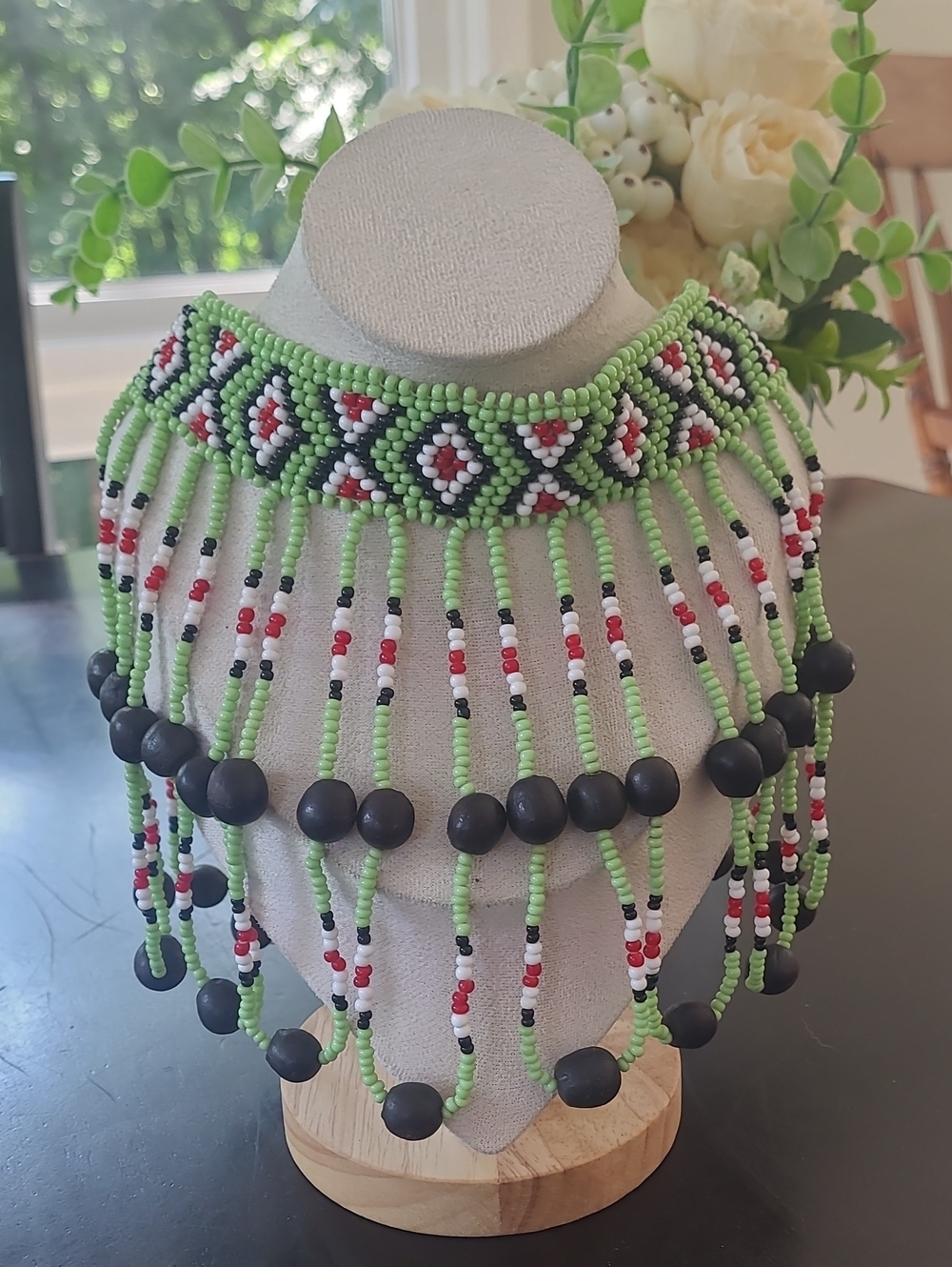 Ukrainian Beaded Sylyanka Fringe Collar Necklace Green Geometric